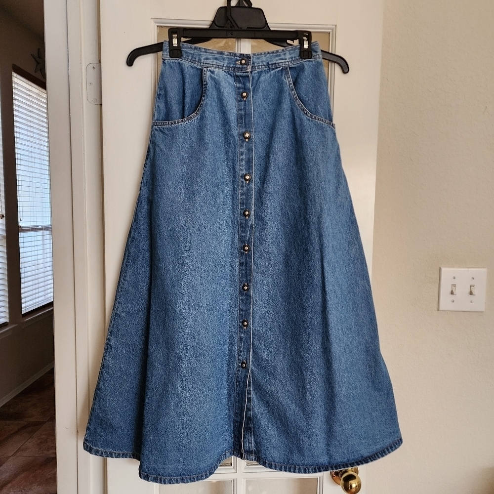 Studio West Vintage 100% Cotton Button-Front Midi Denim Skirt Elastic Back Small - Picture 1 of 11